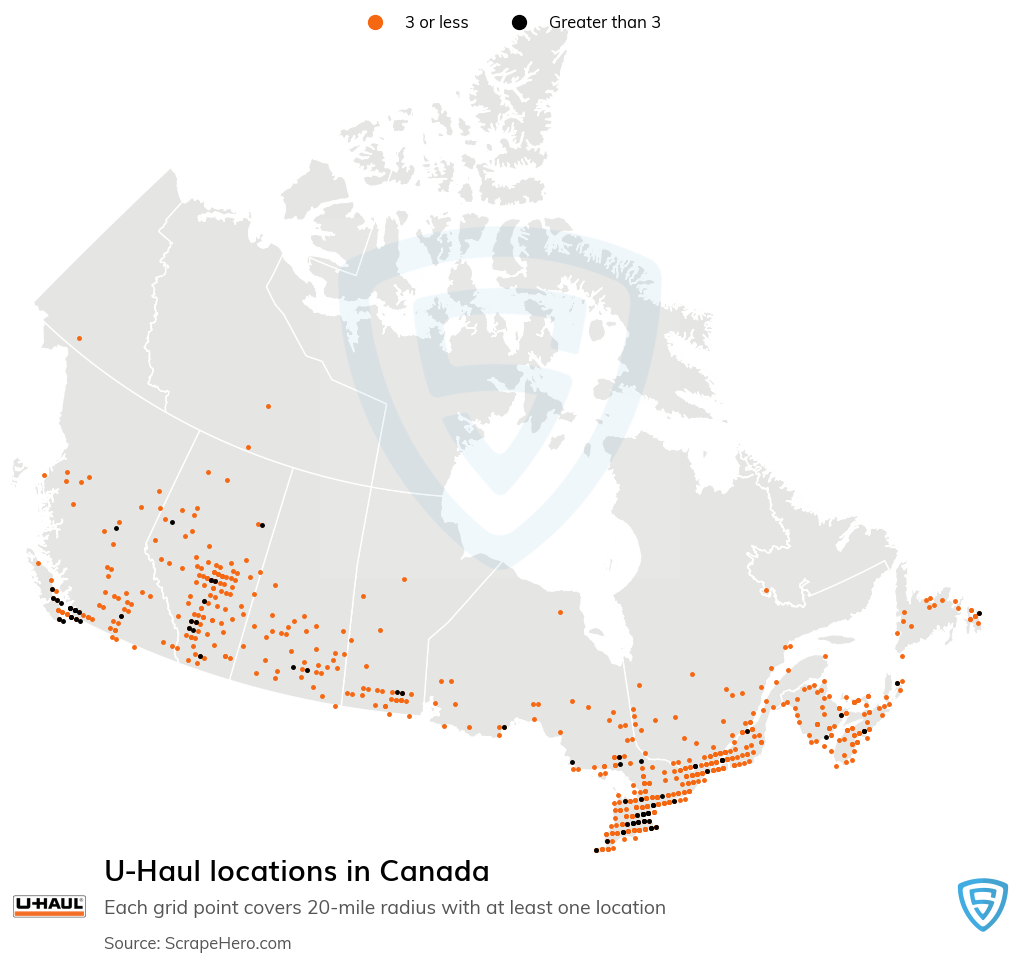 Map of U-Haul locations in Canada