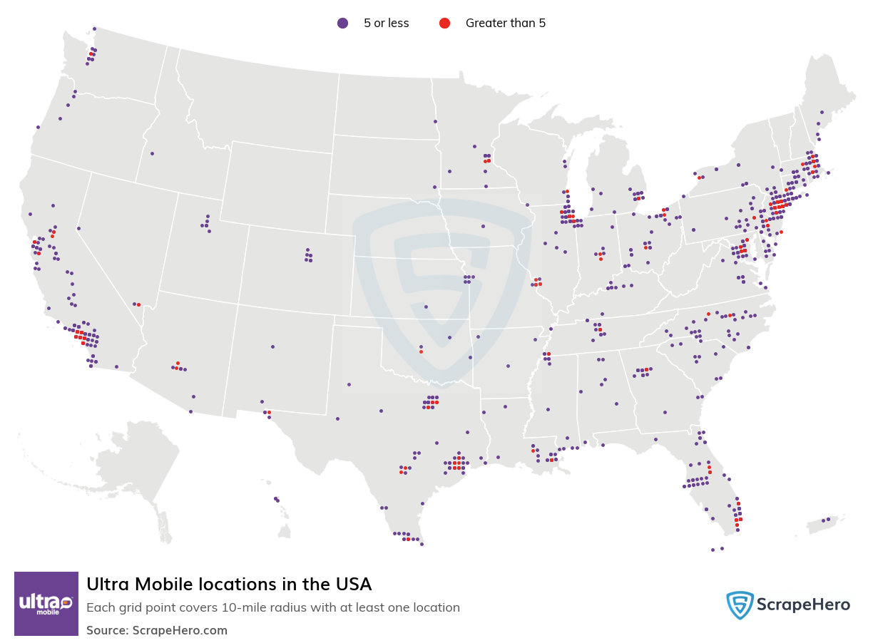 Map of Ultra Mobile locations in the United States