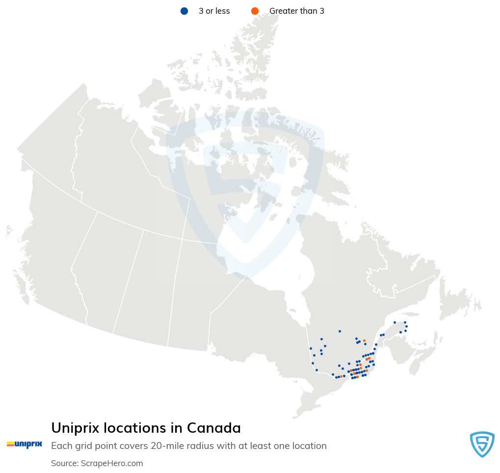 Map of Uniprix pharmacies in Canada