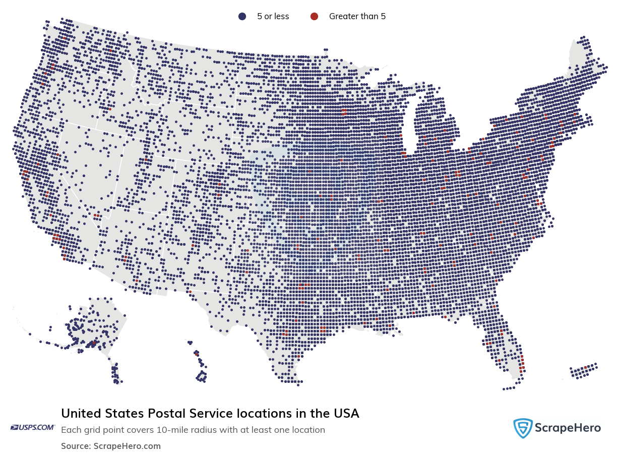 Map of United States Postal Service locations in the United States