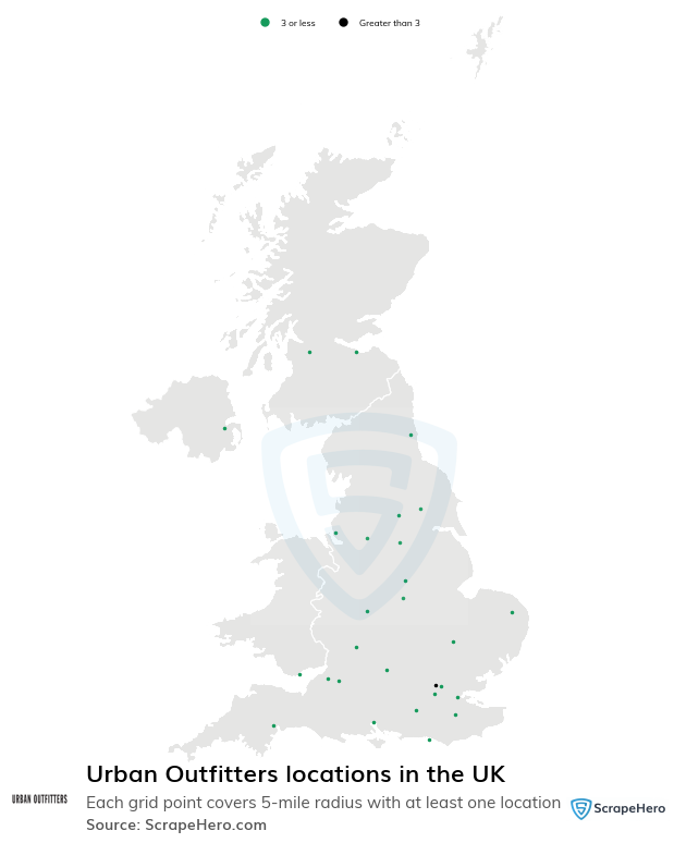 Map of Urban Outfitters stores in the United Kingdom