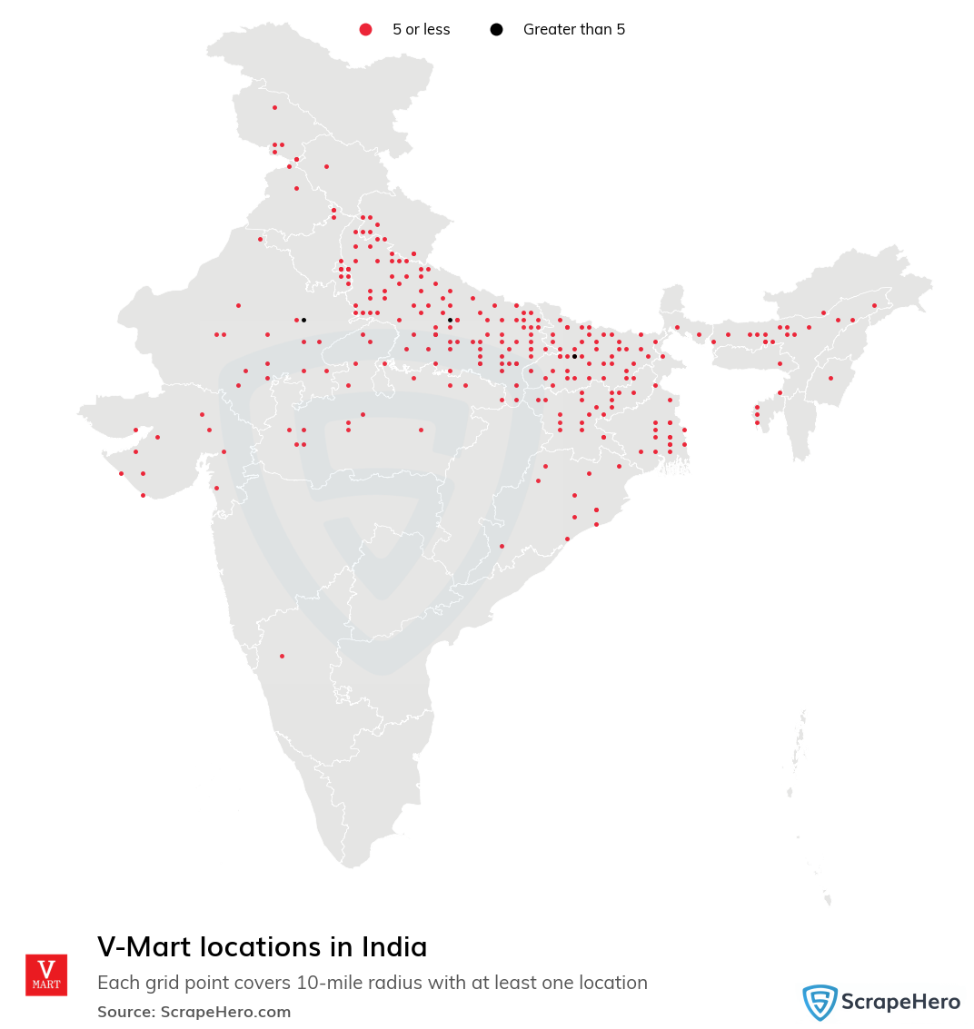Map of V-Mart locations in India
