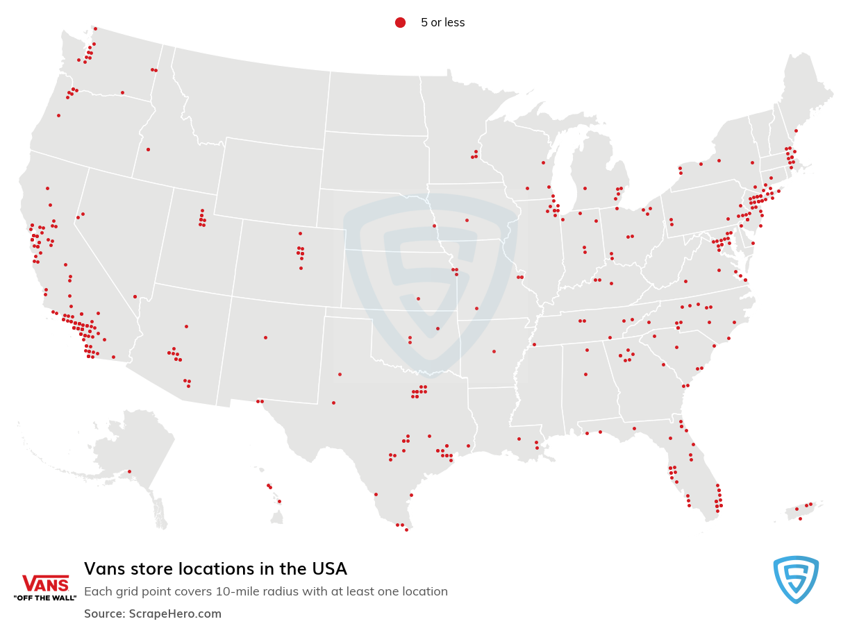 Map of Vans retail stores in the United States
