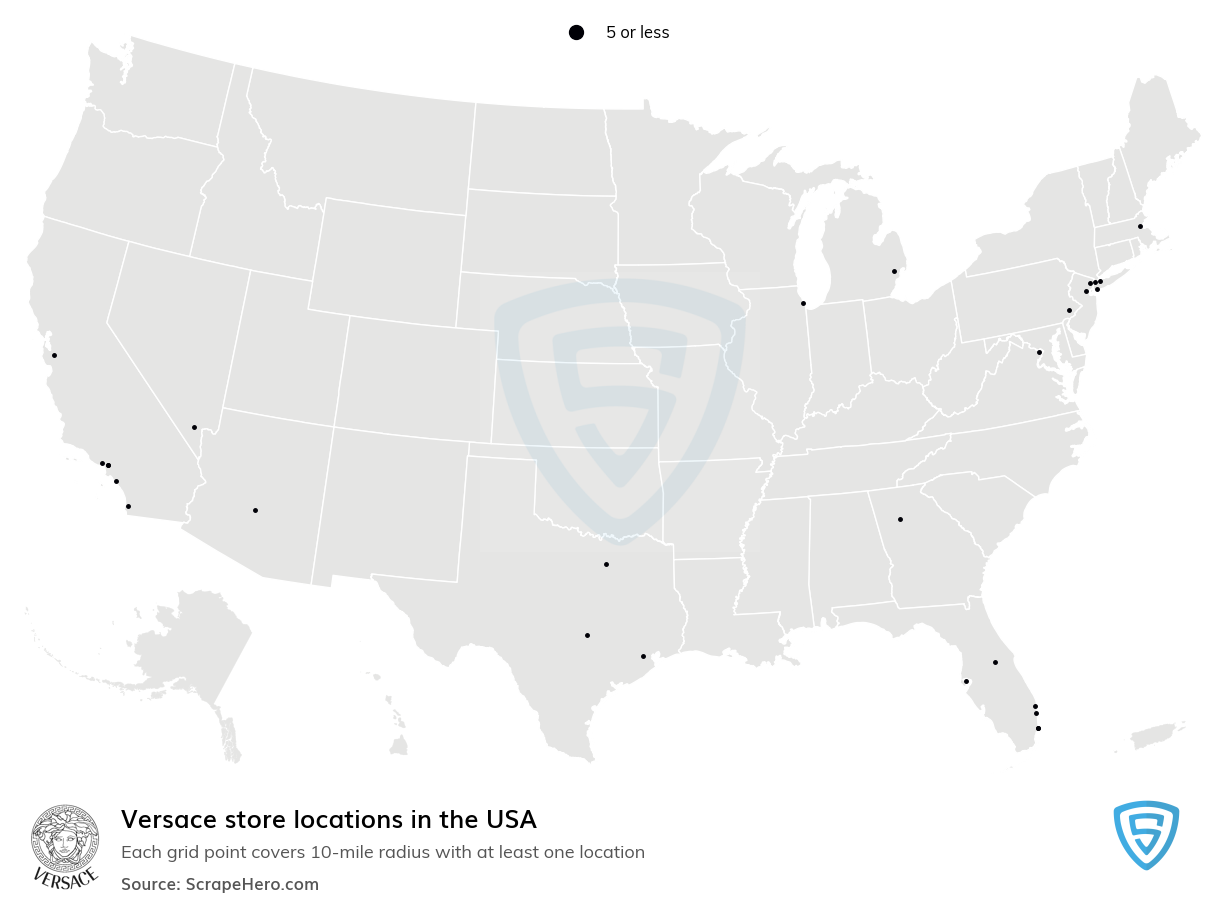 Map of Versace stores in the United States