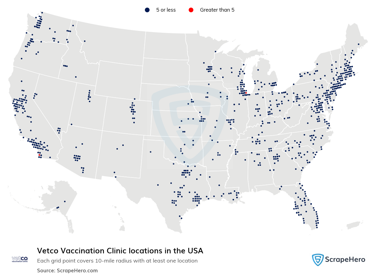Map of Vetco Vaccination Clinic locations in the United States