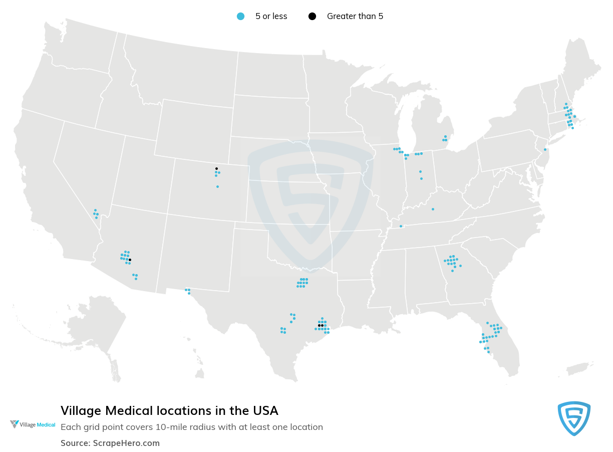 Map of Village Medical locations in the United States