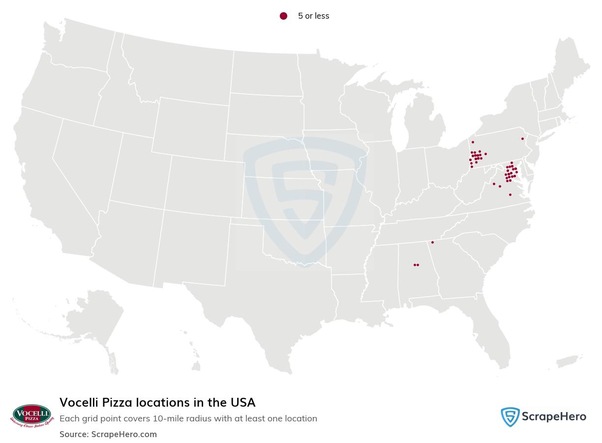 Map of Vocelli Pizza locations in the United States