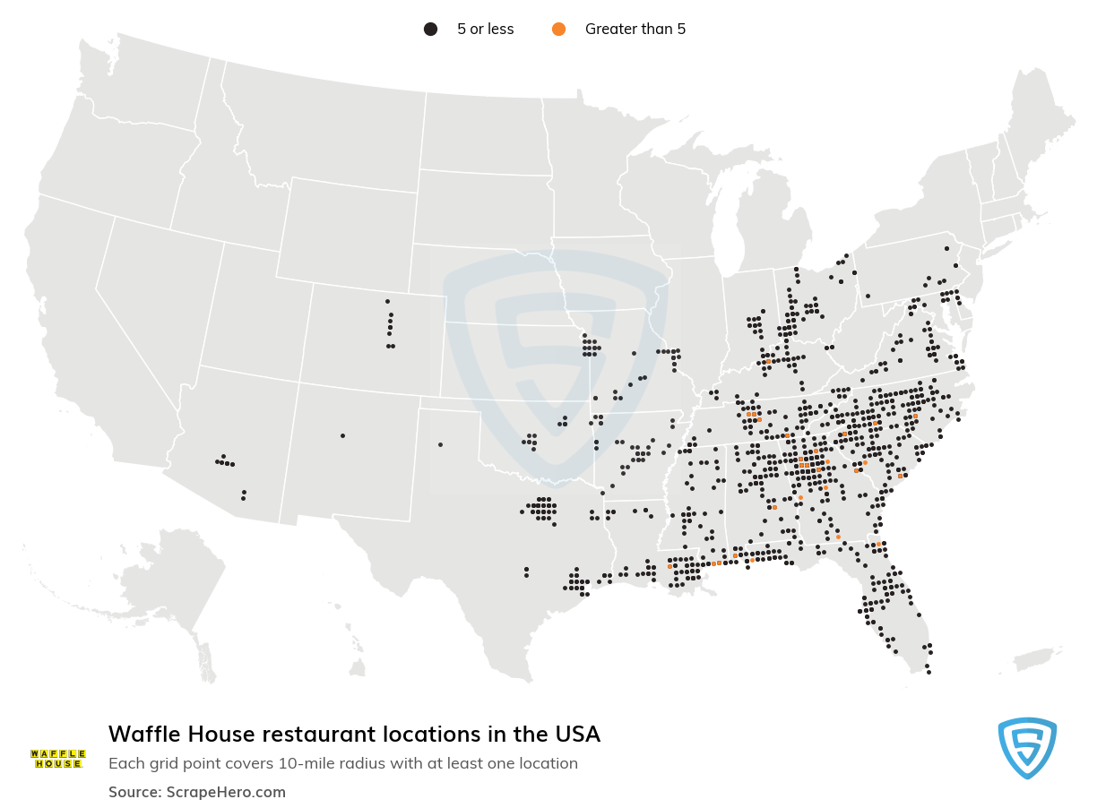 Map of Waffle House locations in the United States in 2022
