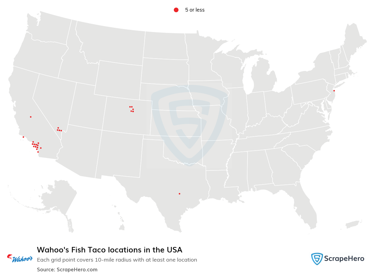 Map of Wahoo's Fish Taco locations in the United States