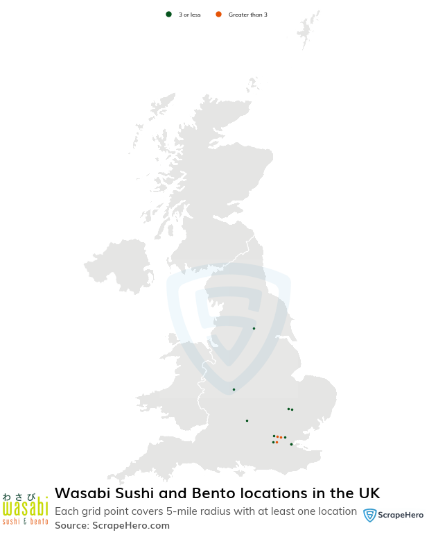 Map of Wasabi Sushi and Bento stores in the United Kingdom