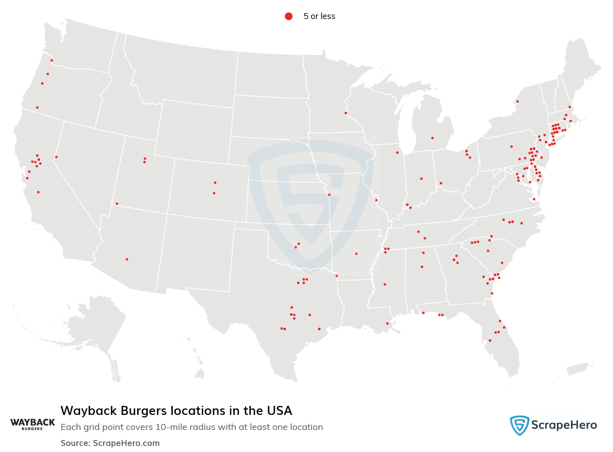 Map of Wayback Burgers locations in the United States