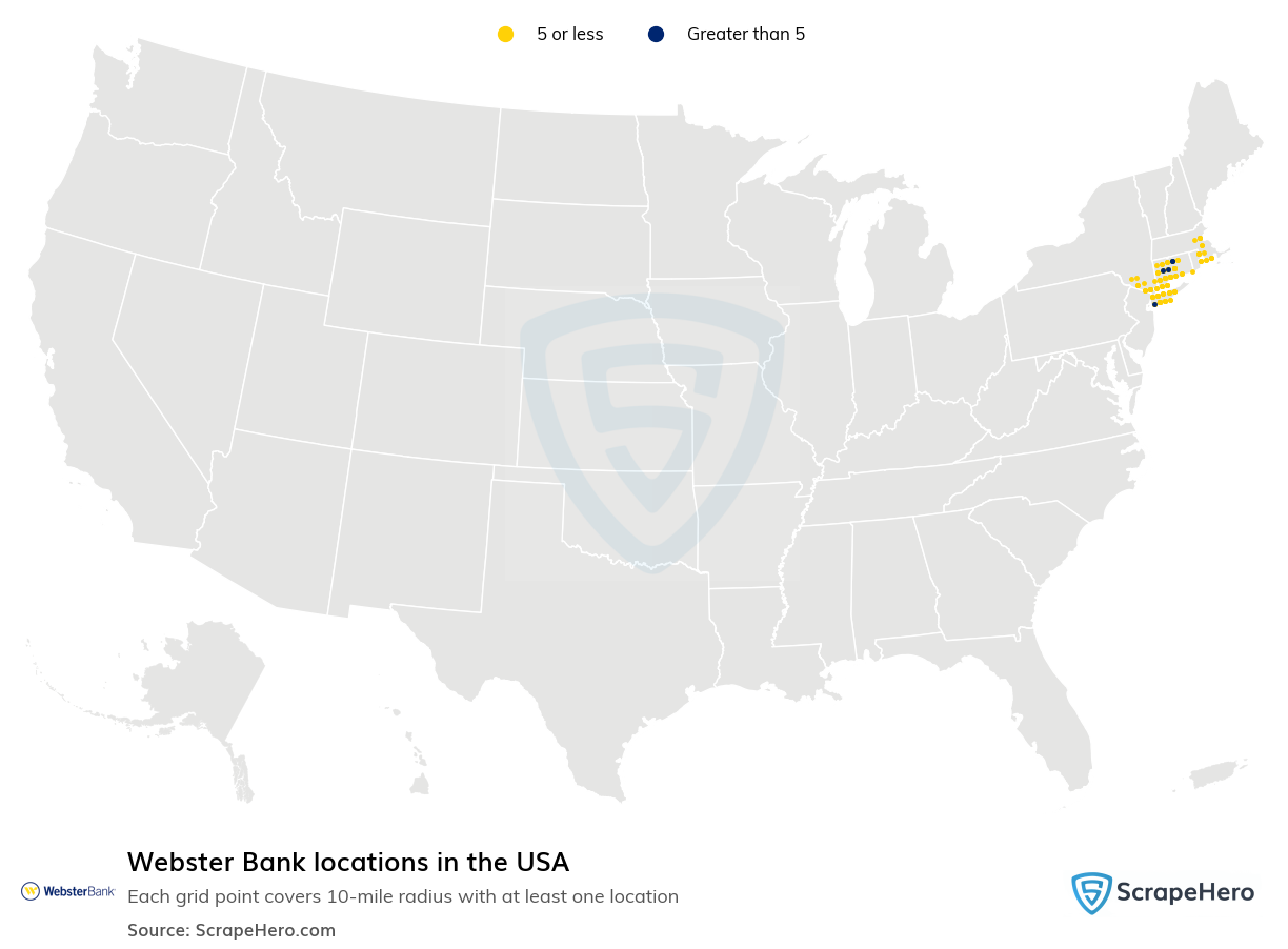Map of Webster Bank locations in the United States