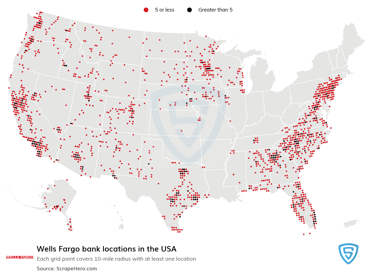 Map of Wells Fargo locations in the United States in 2022