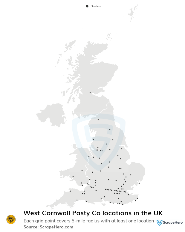 Map of West Cornwall Pasty Co restaurants in the United Kingdom