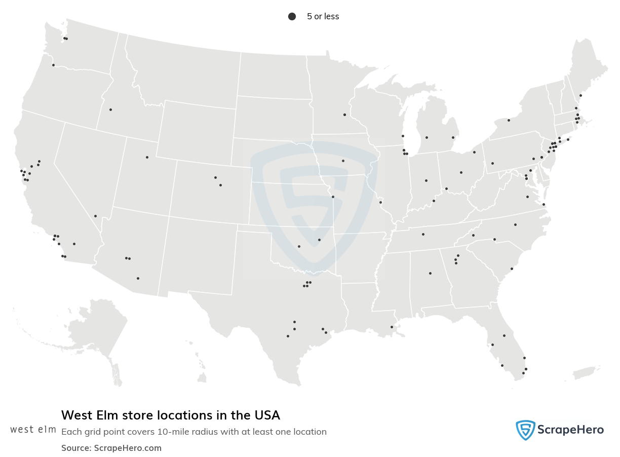 Map of West Elm stores in the United States