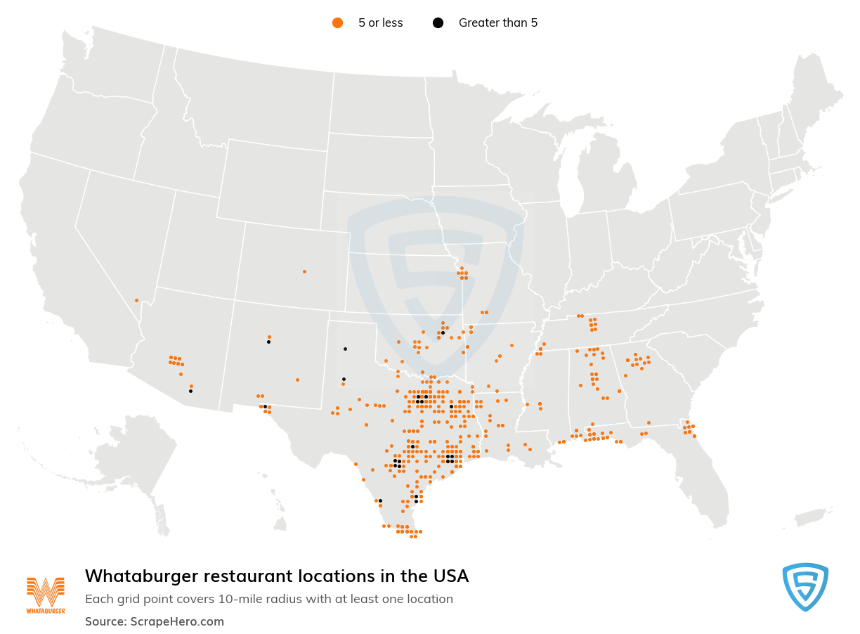 Map of Whataburger restaurants in the United States
