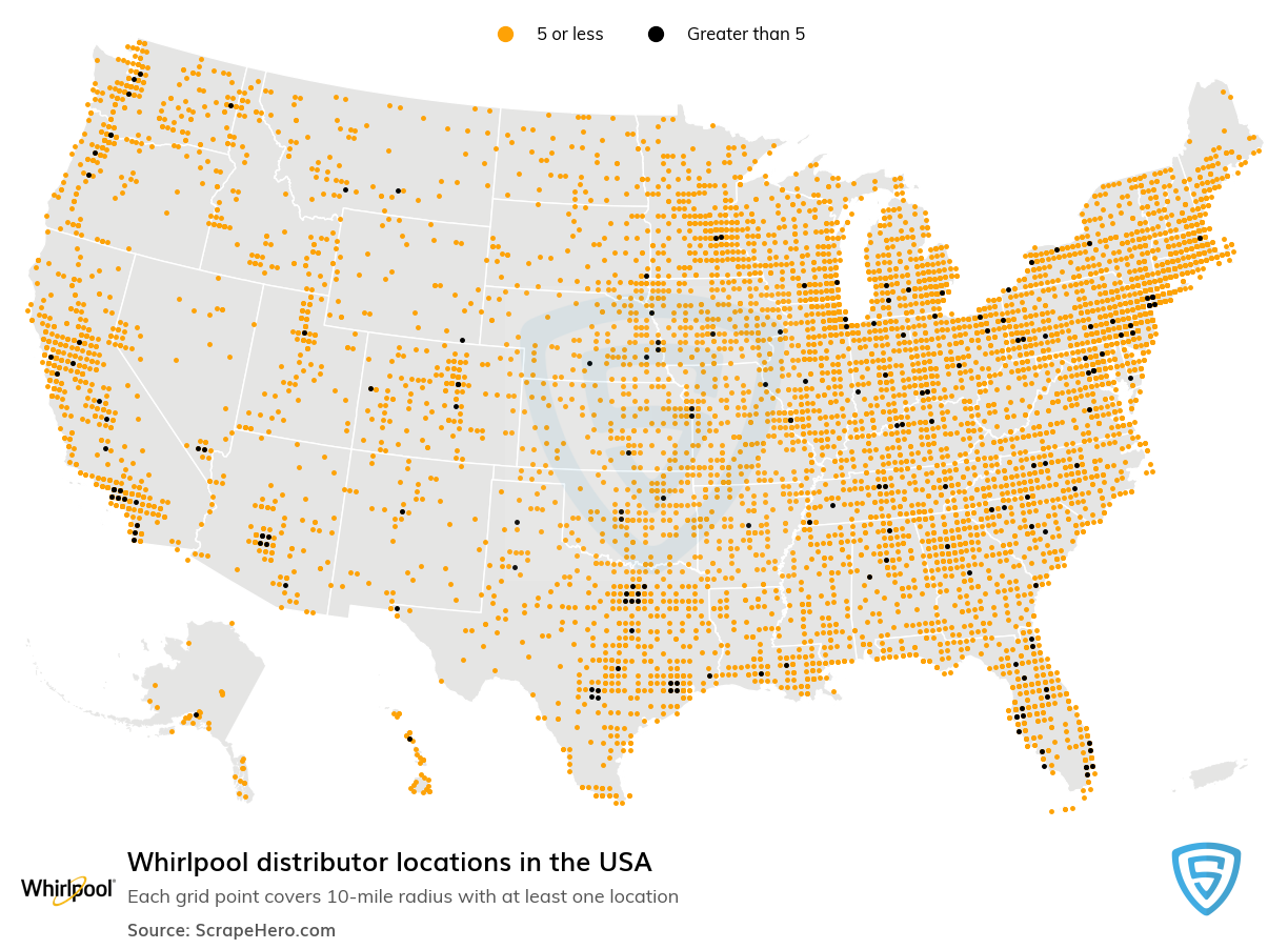 Map of Whirlpool distributors in the United States