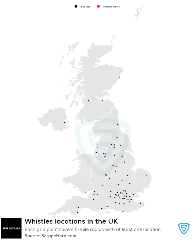 Map of Whistles stores in the United Kingdom