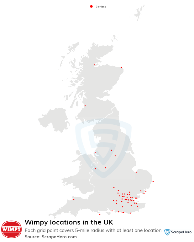 Map of Wimpy restaurants in the United Kingdom