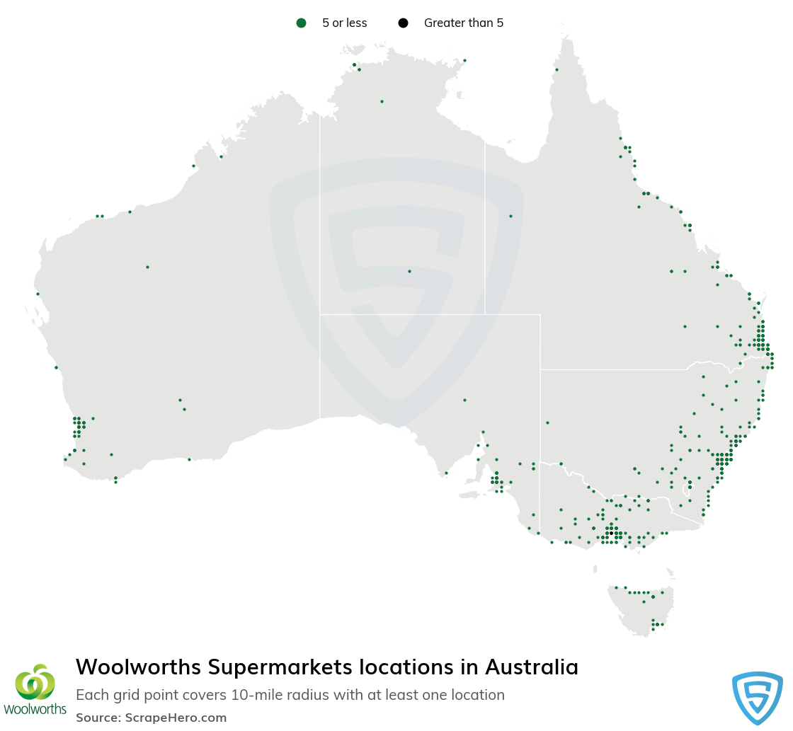 Map of Woolworths Supermarkets locations in Australia in 2022