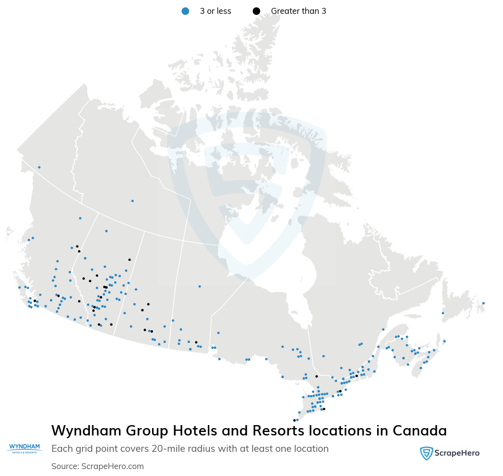 Map of Wyndham Group Hotels and Resorts locations in Canada