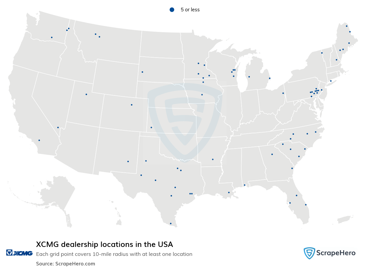 Map of XCMG dealerships in the United States