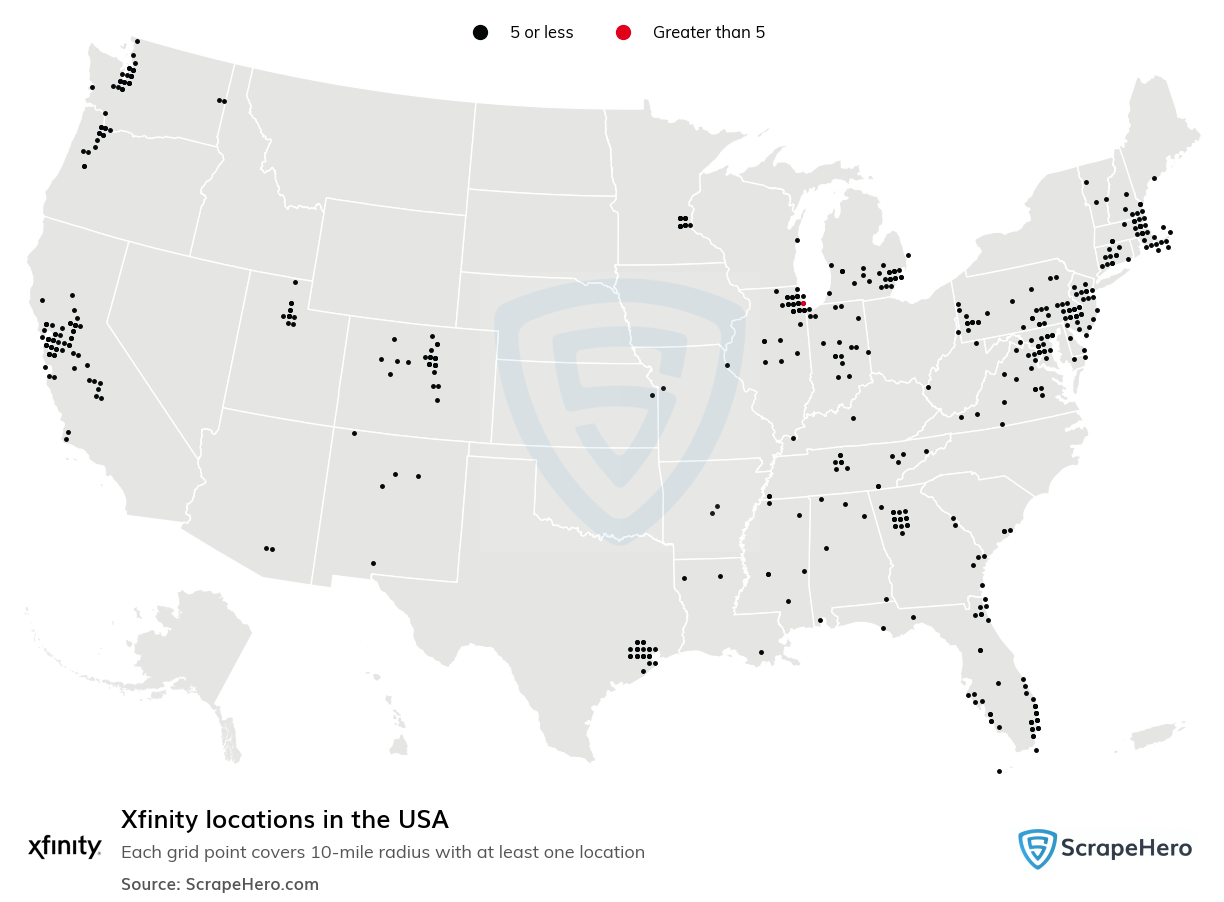 Map of Xfinity locations in the United States