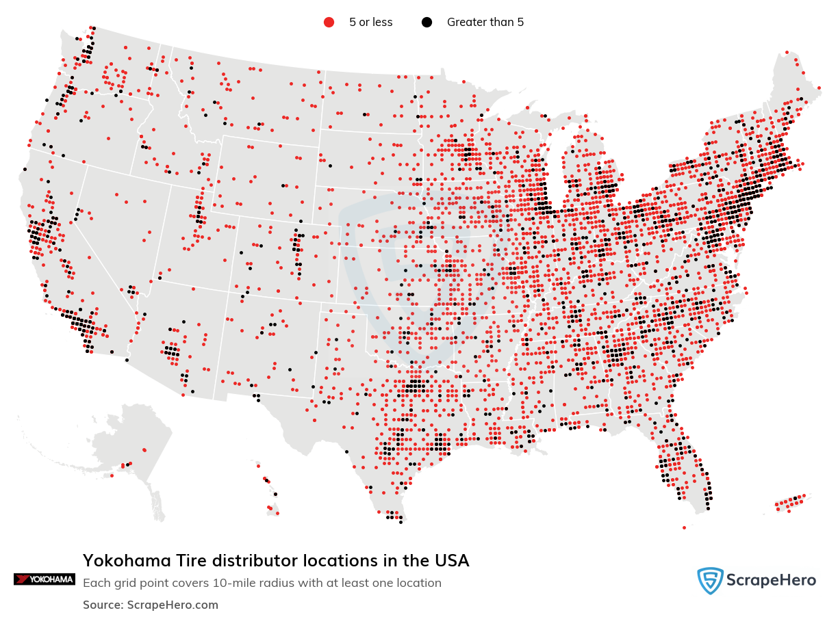Map of Yokohama Tire distributors in the United States