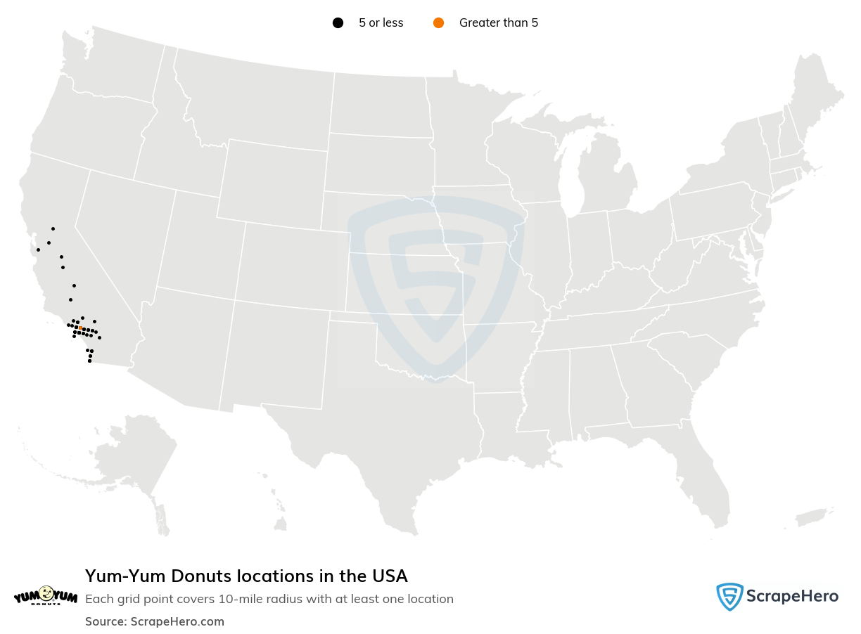 Map of Yum-Yum Donuts locations in the United States