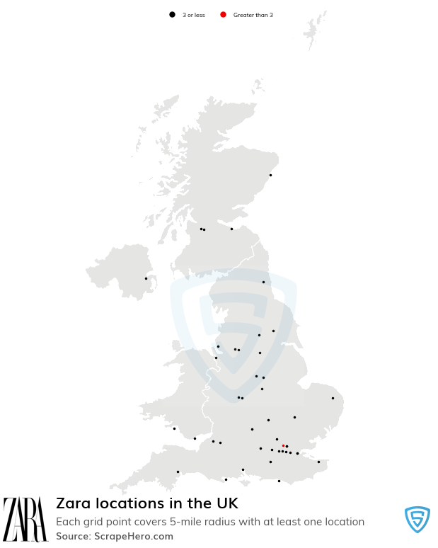 Map of Zara stores in the United Kingdom