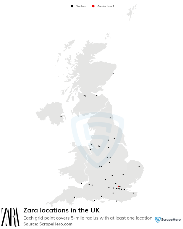 Map of Zara stores in the United Kingdom