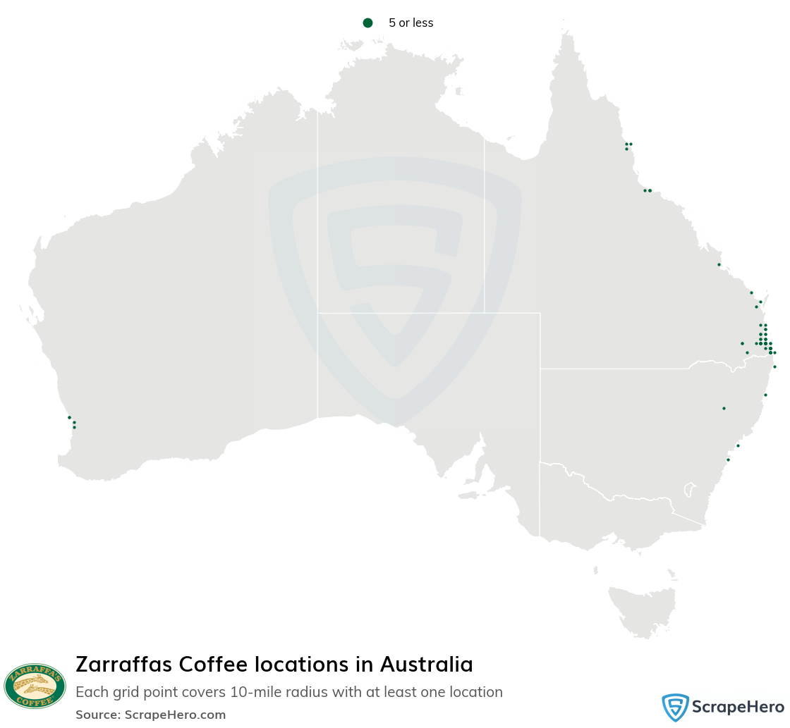 Map of Zarraffas Coffee locations in Australia