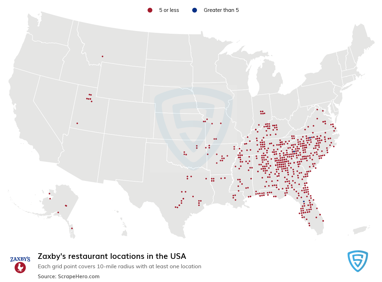 Map of Zaxbys stores in the United States