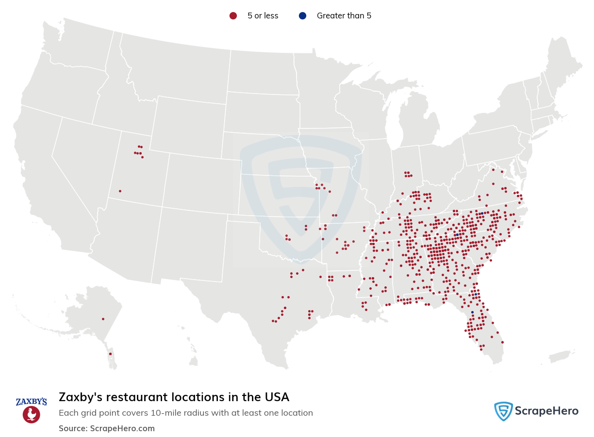 Map of Zaxbys restaurants in the United States