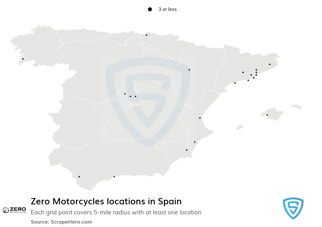 Map of Zero Motorcycles dealers in Spain