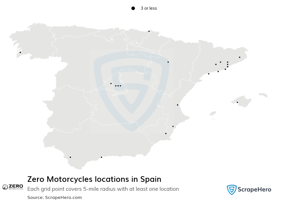 Map of Zero Motorcycles dealers in Spain