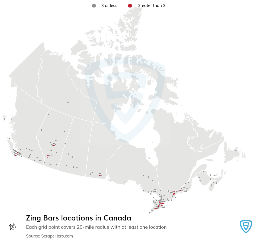 Map of Zing Bars stores in Canada