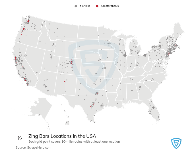 Map of Zing Bars stores in the United States