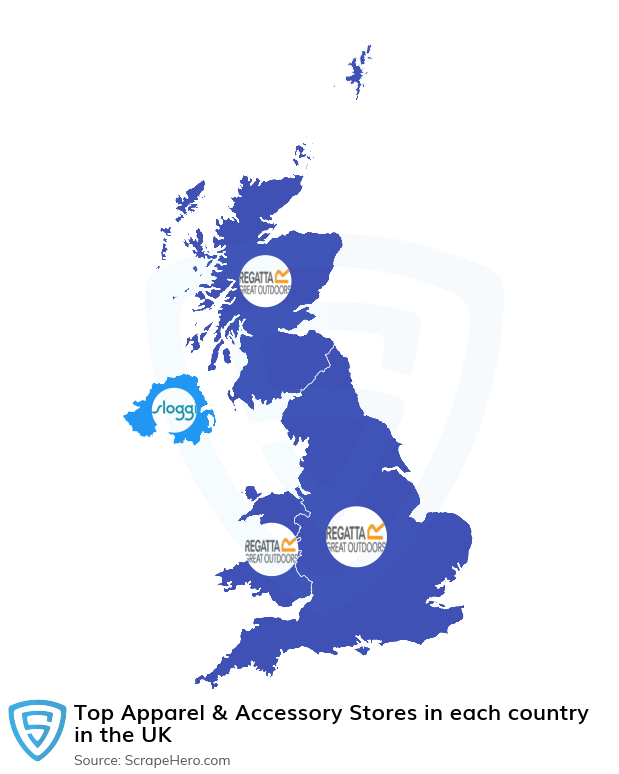 Map of top apparel & accessory stores in each country in the United Kingdom in 2025