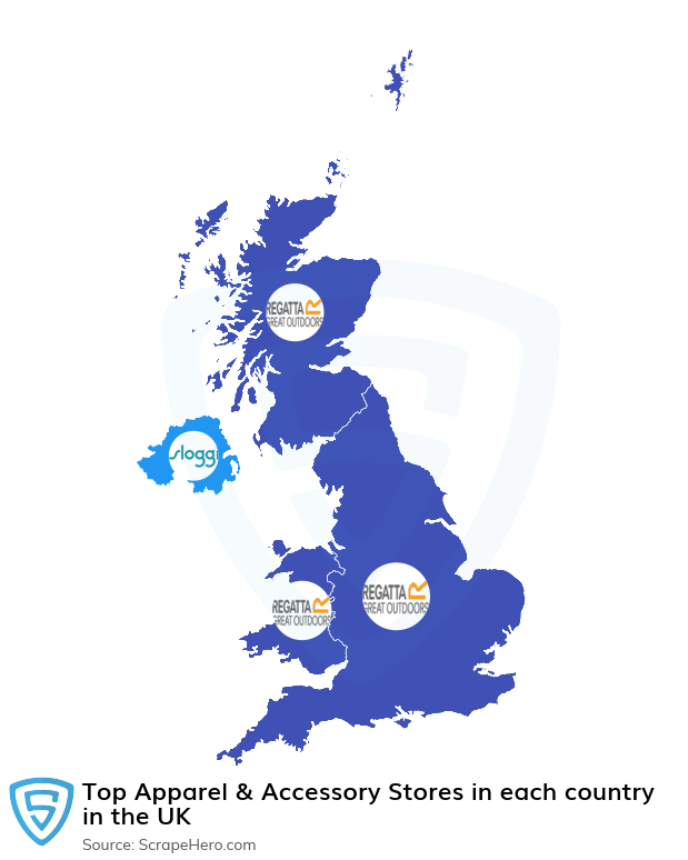 Map of top apparel & accessory stores in each country in the United Kingdom in 2024