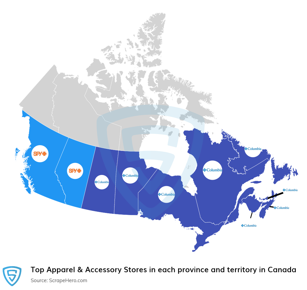 Map of top apparel & accessory stores in each province and territory in Canada in 2023