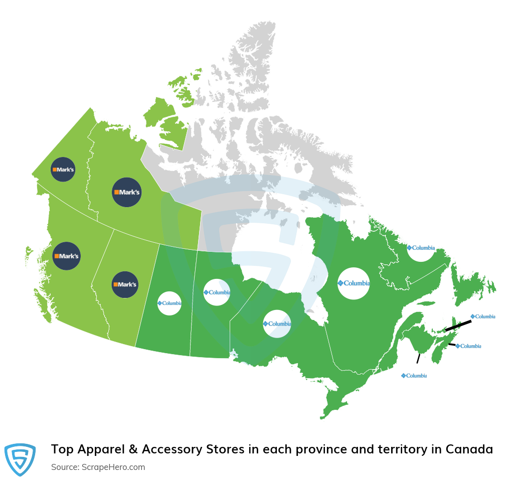 Map of top apparel & accessory stores in each province and territory in Canada in 2025