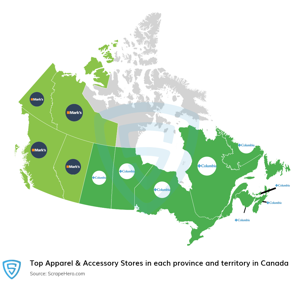 Map of largest apparel & accessory stores in each province and territory in Canada in 2024