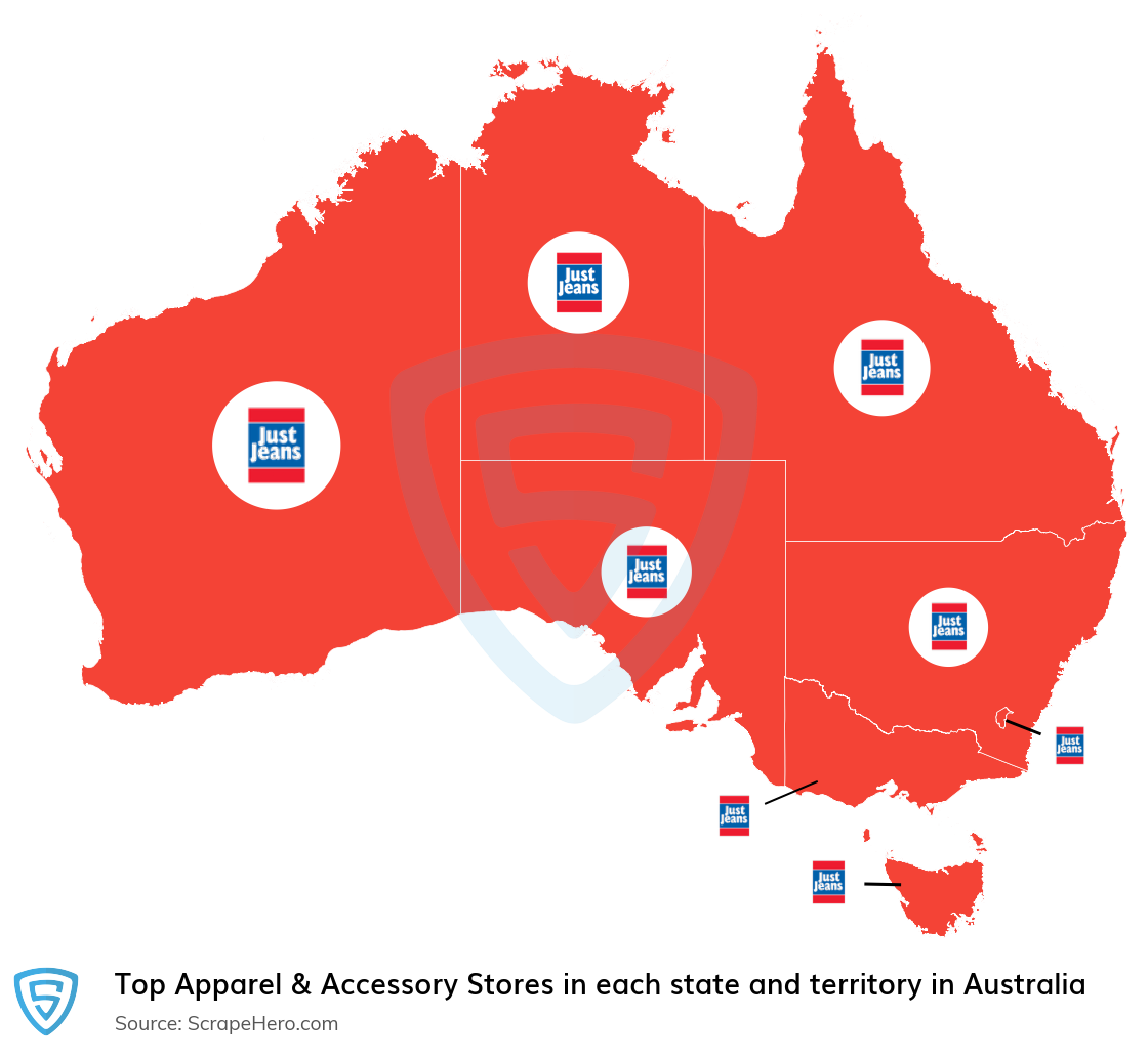 Map of top apparel & accessory stores in each state and territory in Australia in 2025