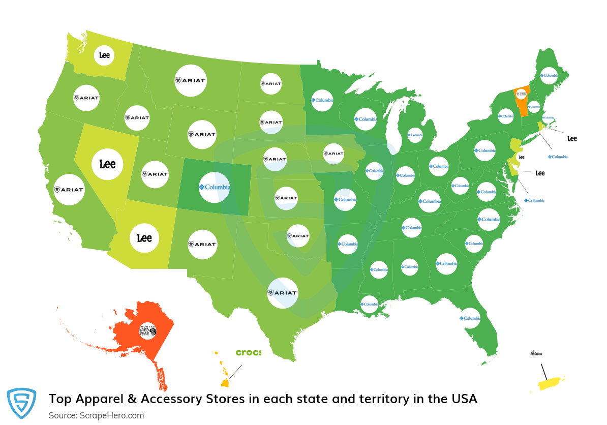 Map of top apparel & accessory stores in each state and territory in the United States in 2024