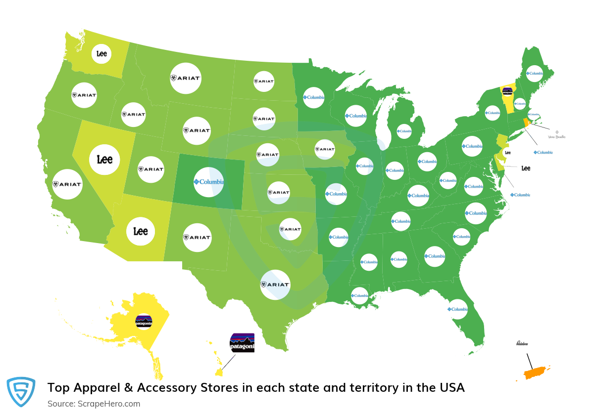 Map of top apparel & accessory stores in each state and territory in the United States in 2025