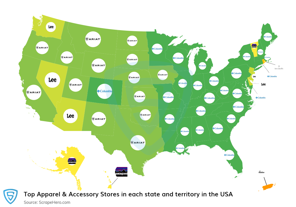 Map of top apparel & accessory stores in each state and territory in the United States in 2024