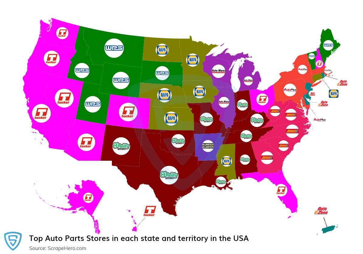 Map of largest auto parts stores in each state and territory in the United States in 2025