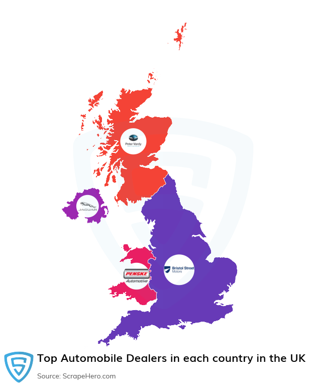 Map of top automobile dealers in each country in the United Kingdom in 2025