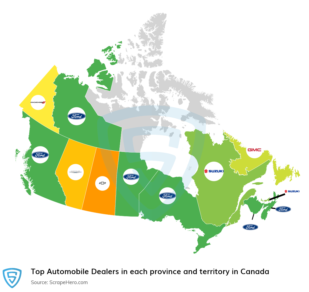 Map of top automobile dealers in each province and territory in Canada in 2025